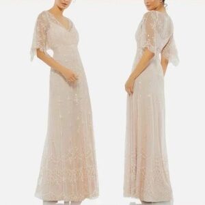 Mac Duggal V NECK FLUTTER SLEEVE EMBELLISHED MESH GOWN Blush NWT